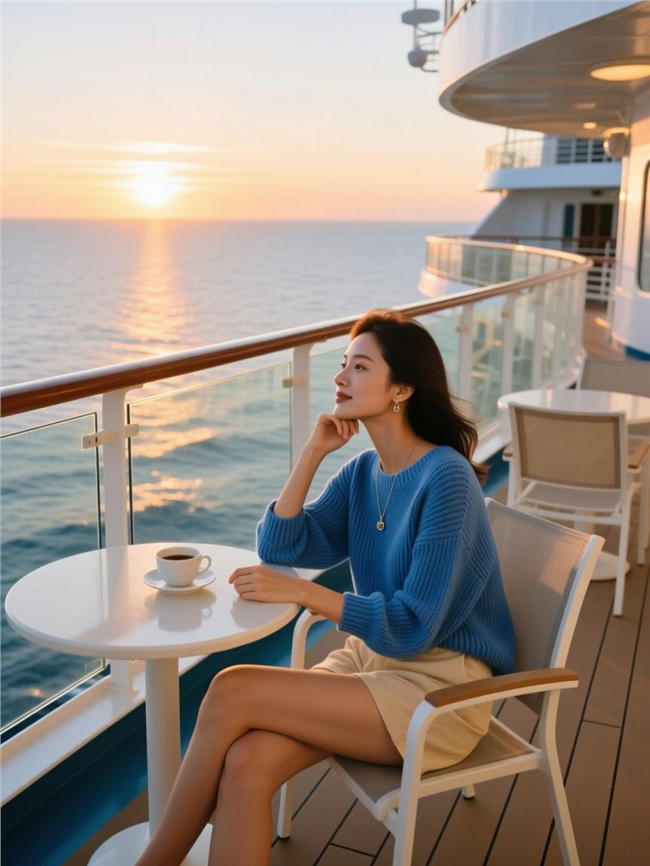 坐在轮船露台看夕阳的美女图片