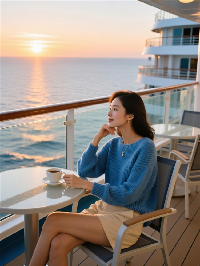蓝色羊毛衫美女邮轮看海摄影图片