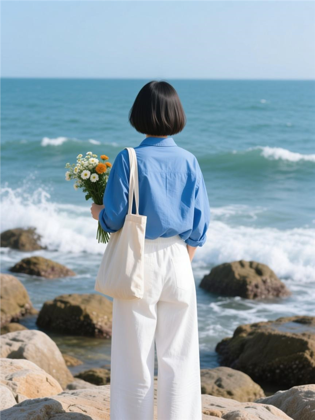 海边礁石面朝大海美女背影图片