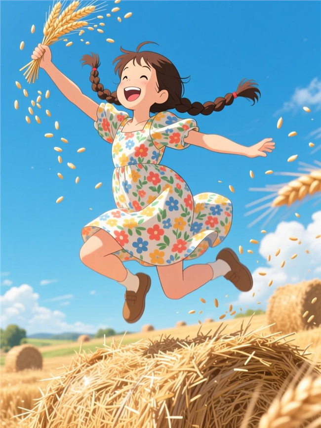 麦田碎花裙少女卡通插画图片