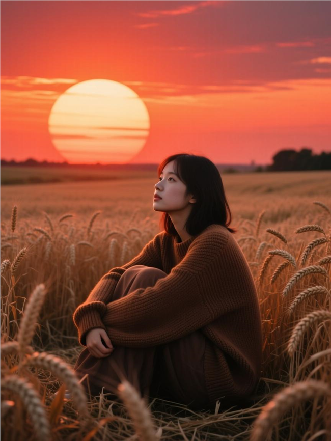日暮黄昏麦田美女摄影图片