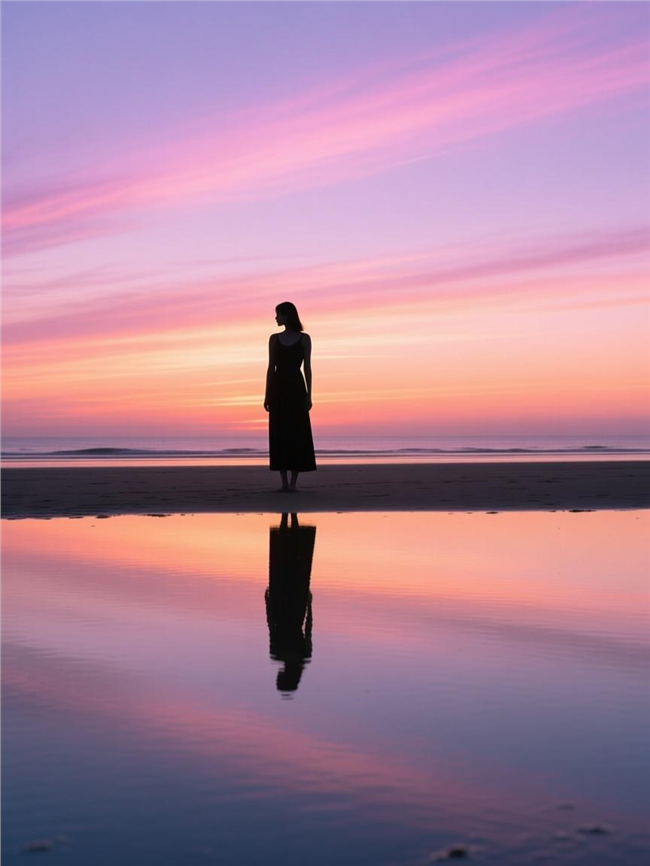 紫色黄昏海边美女剪影图片