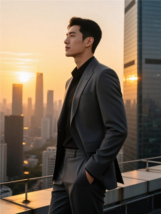 黄昏都市摩天顶楼商务男士图片