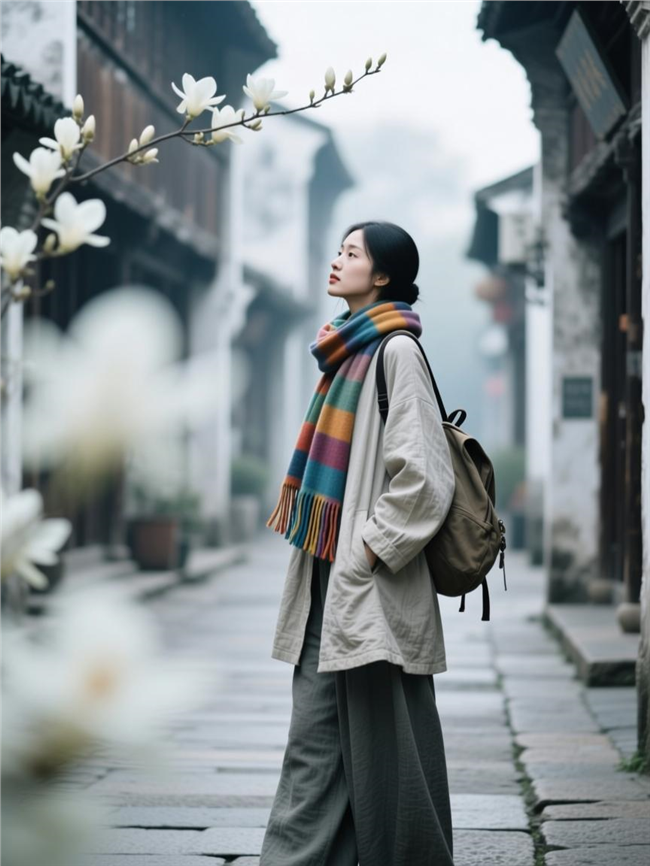 清冷色调古镇旅行美女摄影图片