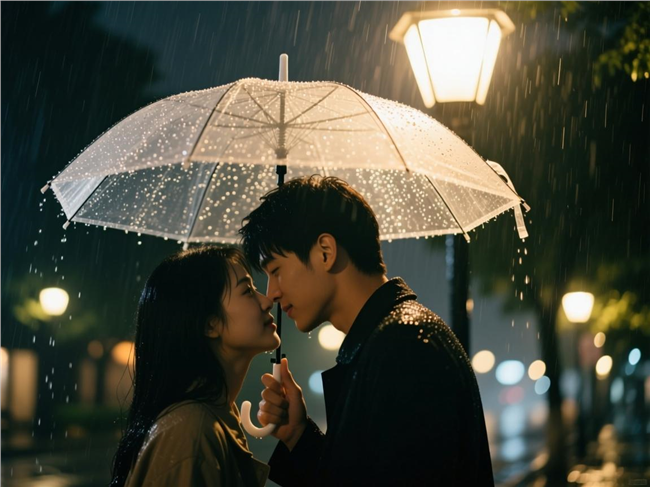 雨夜街头撑伞情侣摄影图片
