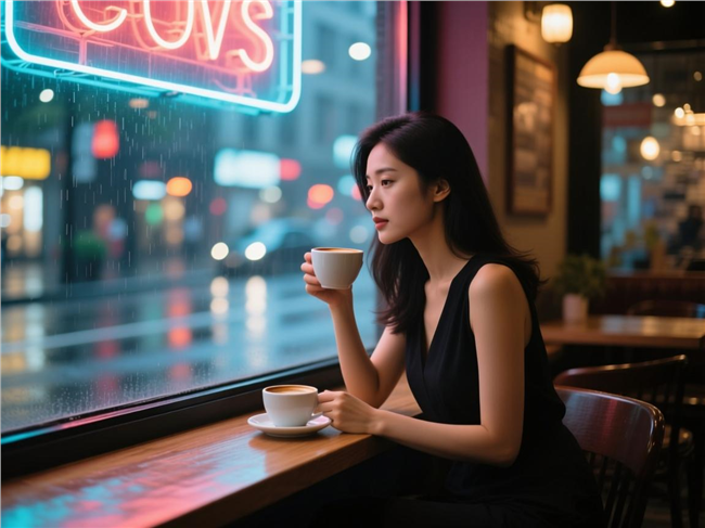 雨夜街角咖啡厅喝咖啡的美女图片