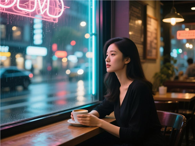 雨夜街头坐在咖啡馆窗边的美女图片