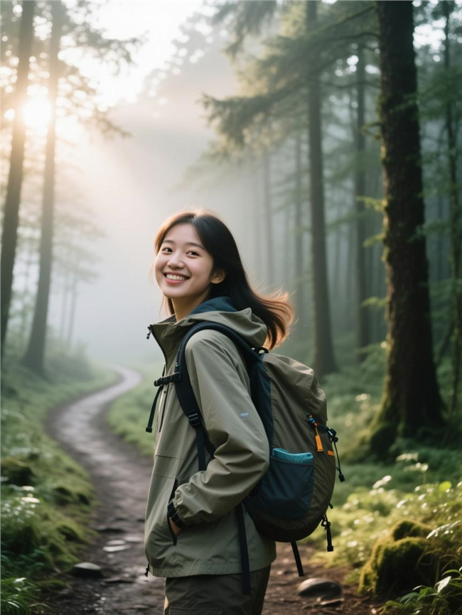 雾气森林背包旅行美女图片