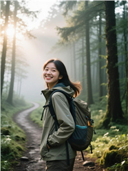 雾气森林背包旅行美女图片