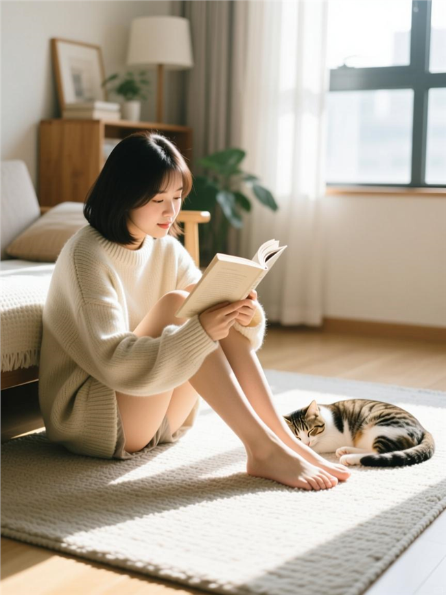 坐在地垫上看书的美女图片