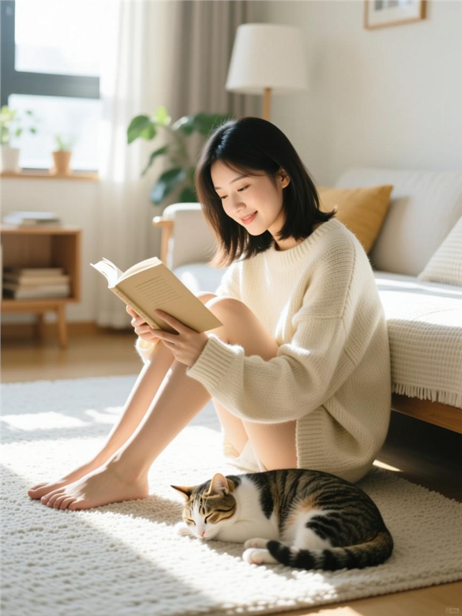 坐在米色地毯上看书的美女图片