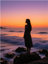 紫色黄昏海边礁石美女剪影图片