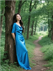倚靠在树下的蓝色真丝长裙美女图片