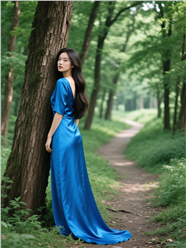 绿色树林蓝色真丝拖地连衣裙美女写真图片