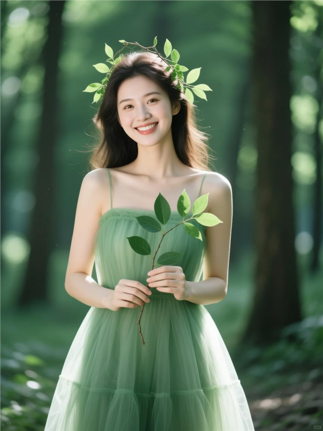 春天林间绿色吊带纱裙美女写真图片