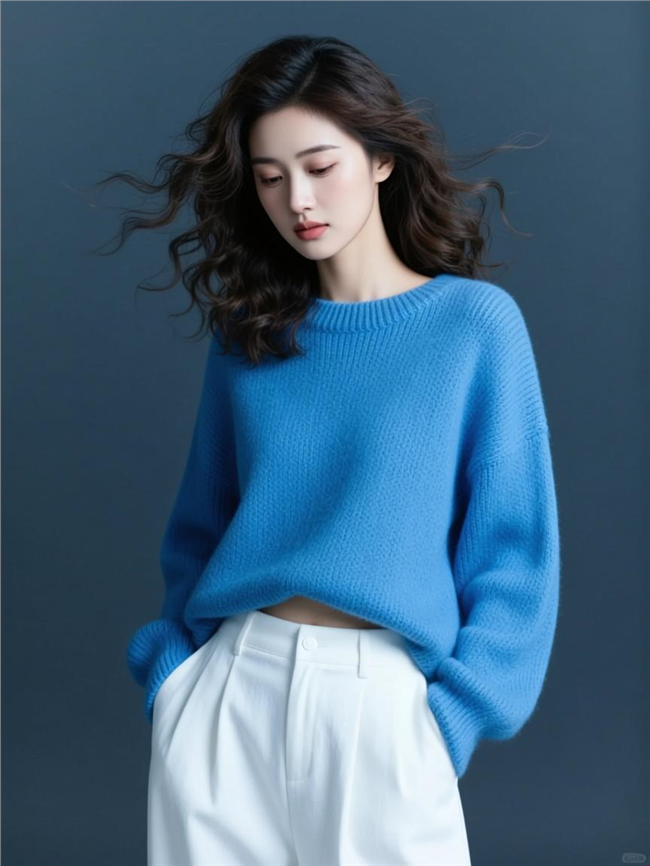 蓝色宽松时尚毛衣美女写真图片