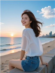 夏日黄昏吹着海风的美女图片