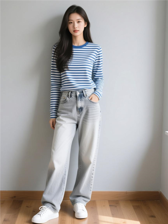 蓝白条纹长T恤美女写真摄影图片