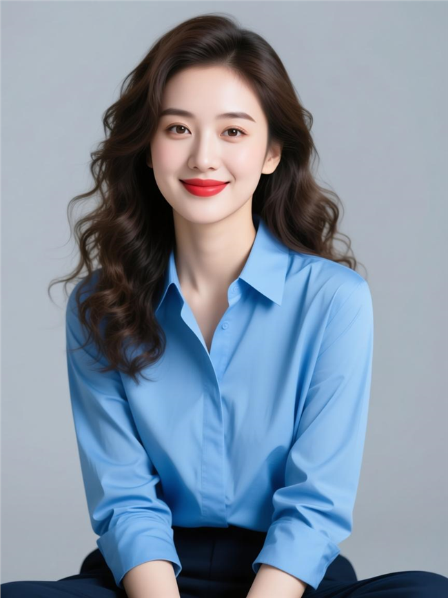 知性优雅蓝色衬衫美女写真图片