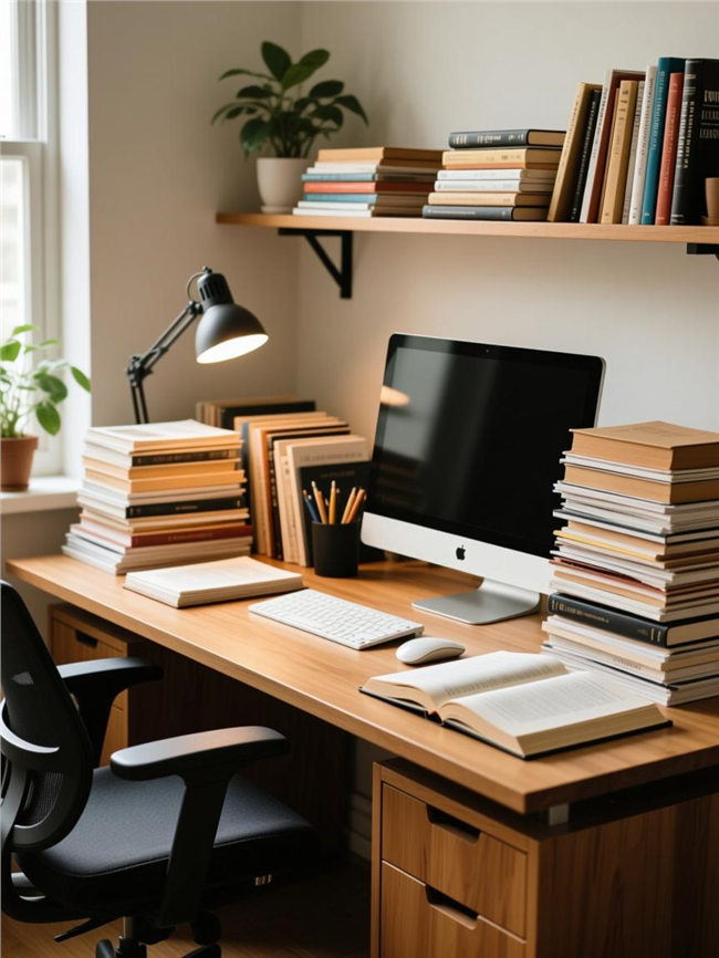 书桌上琳琅满目书籍摄影图片