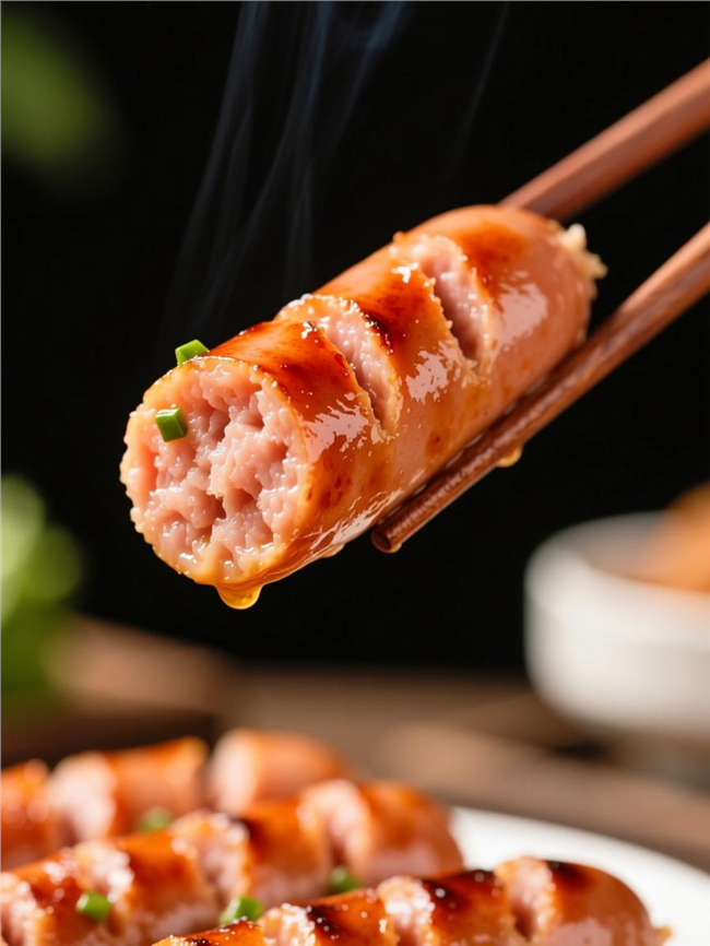 筷子夹起的烤肉肠图片