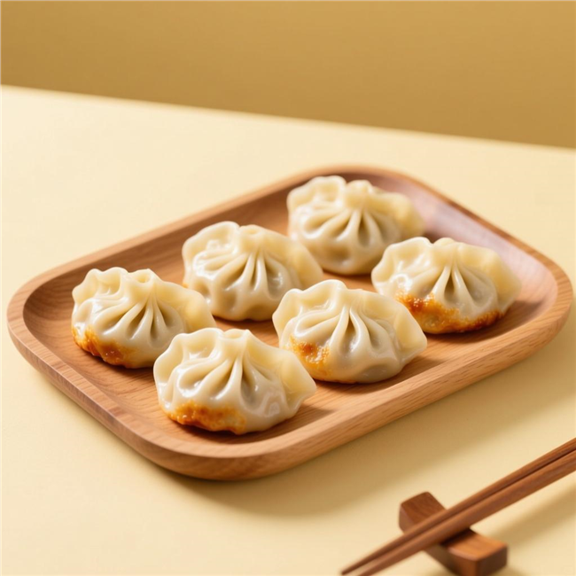 木制托盘上的煎饺图片