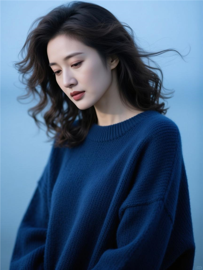 暗蓝色宽松时尚毛衣美女摄影图片