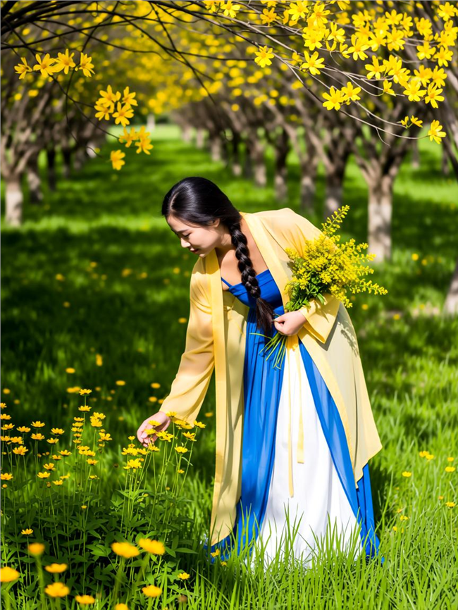 春天树林汉服美女摘野花图片
