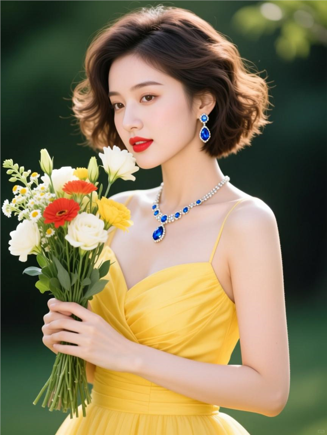 黄色婚纱裙美女手捧花摄影图片