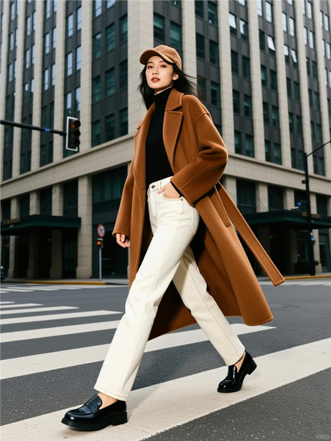 焦糖色长款大衣美女街拍写真图片