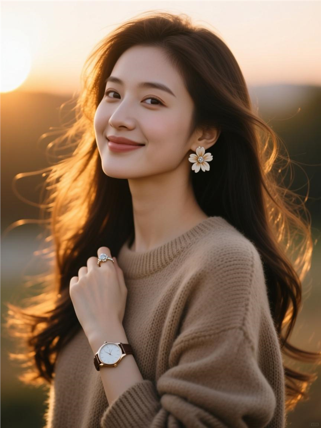 黄昏夕阳余晖浅咖色毛衣美女写真图片