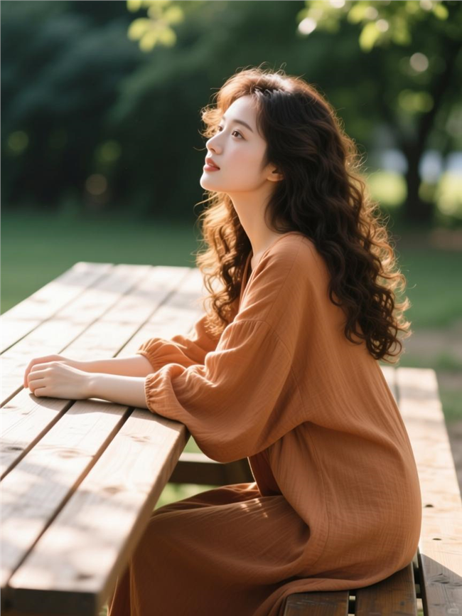 宽松棉麻裙卷发侧颜美女图片