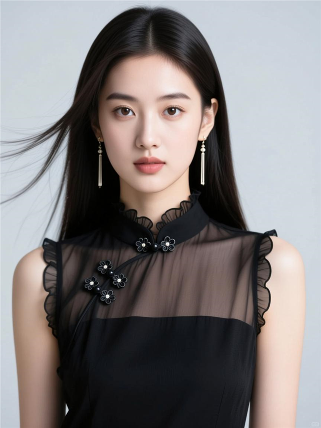 黑色欧根纱盘扣上衣美女写真图片