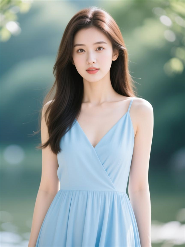 亚洲蓝色连衣裙气质美女写真图片