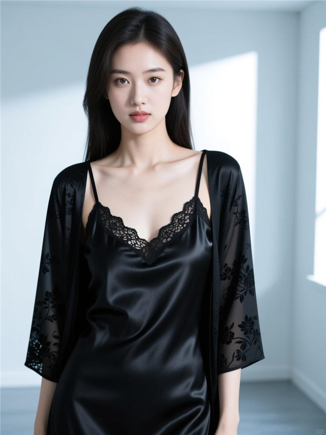 黑色丝绸吊带睡裙性感美女图片