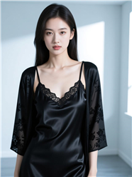 黑色丝绸吊带睡裙性感美女图片