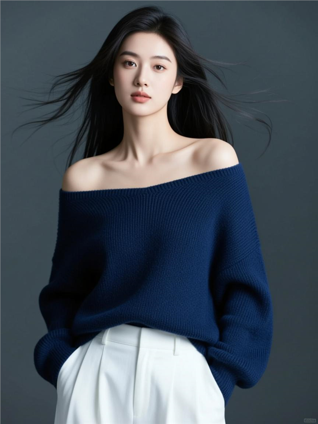 深蓝色宽松毛衣美女性感图片