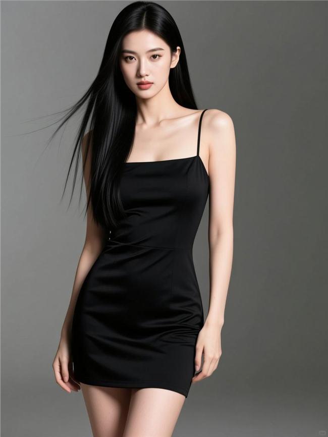 性感黑长直小黑裙美女人体写真图片