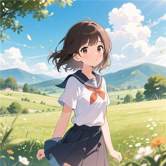 蓝天白云户外动漫女孩插画图片