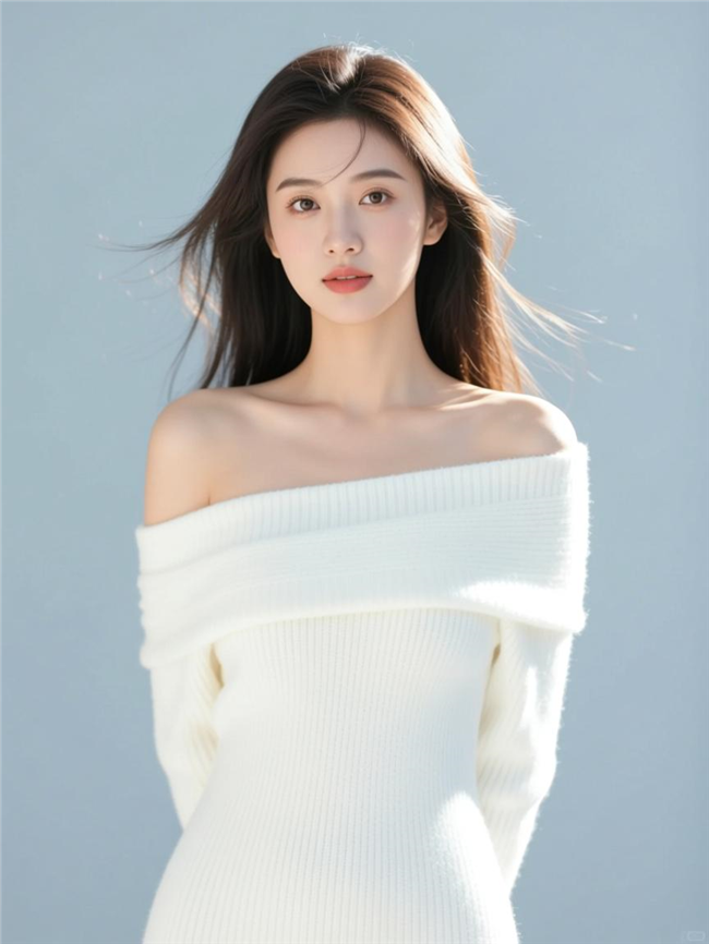 亚洲白色露肩装美女写真摄影图片