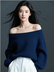 深蓝色一字肩毛衣美女性感图片