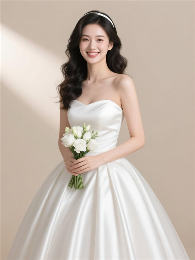 白色抹胸白纱裙手捧花美女图片