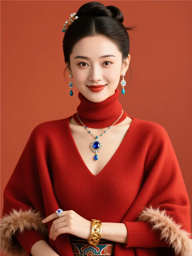 优雅红色喜气美女穿搭写真图片