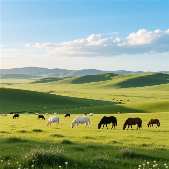 春天绿色草原骏马吃草图片