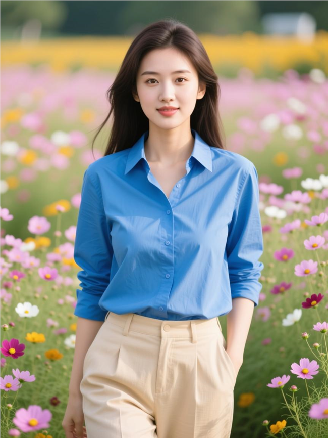 站在花海里的蓝色衬衫美女图片
