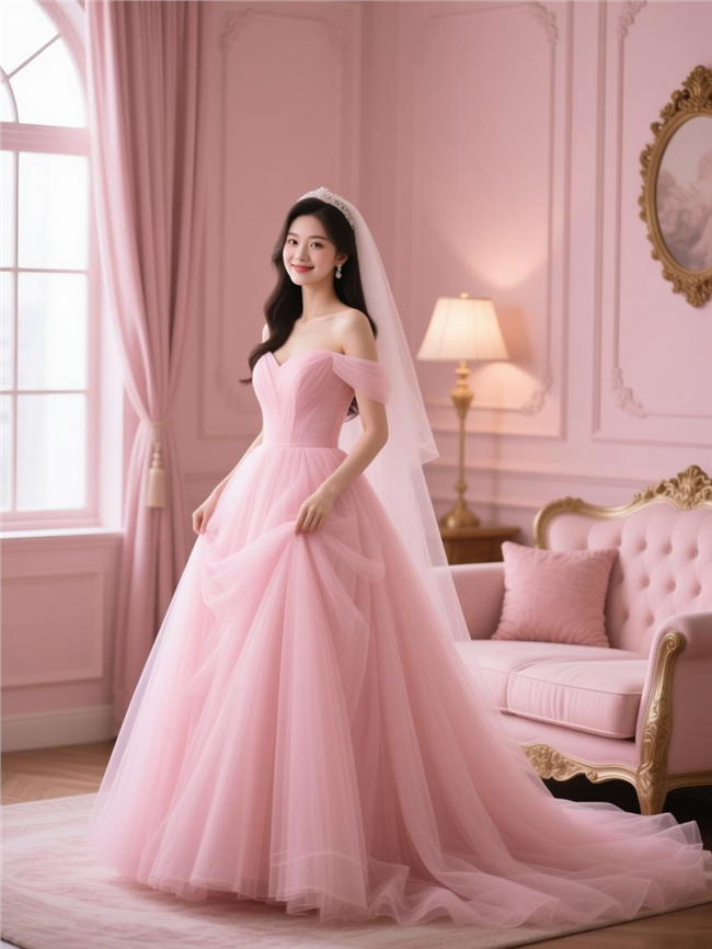 粉色婚纱美女室内写真摄影图片