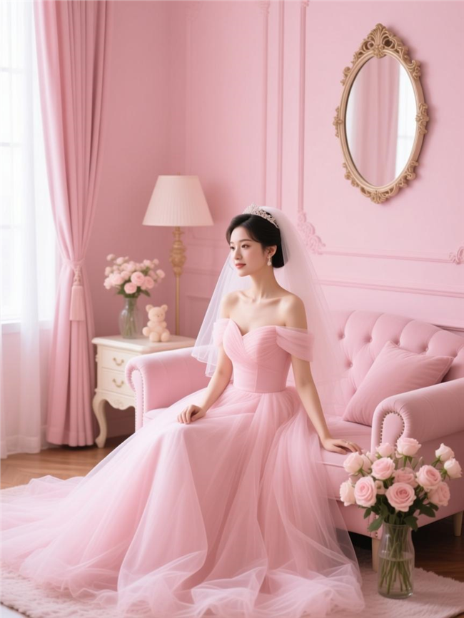 室内粉色婚纱美女写真摄影图片