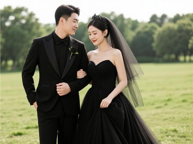 草地情侣黑色婚纱户外摄影图片