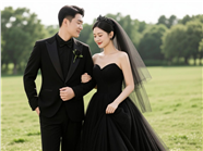 草地情侣黑色婚纱户外摄影图片