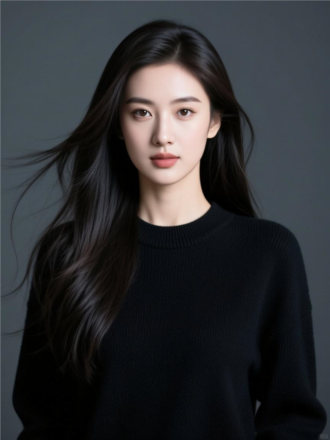 长发飘飘黑色毛衣美女写真图片